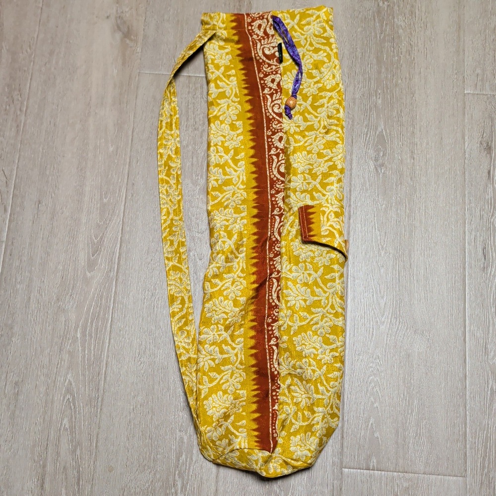 Greenfrog‎ India Yoga Mat Bag Women OS Yellow Floral Paisley Drawstring Boho